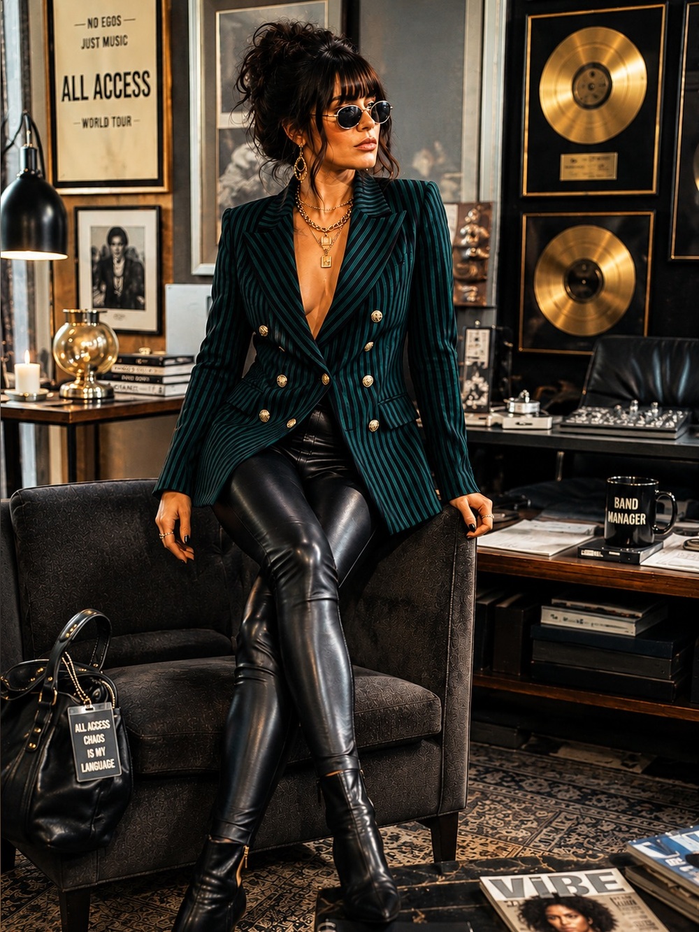 Miss Dorby Rockstar Vintage Womens Green & Black Striped Double-Breasted Blazer.